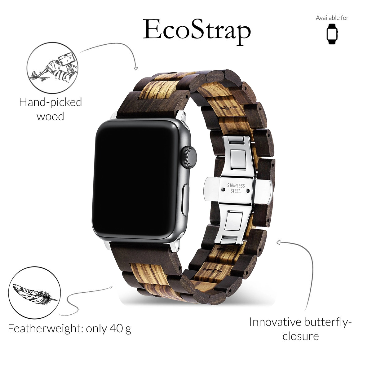 Natural Wood Apple Watch Band Forest Zebra Black Sandalwood Band Iways Band iwaysband