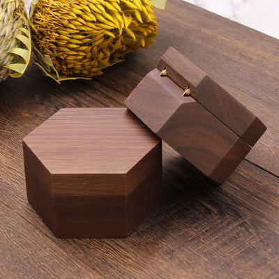 Hexagon Wood Doubel Ring Box | Walnut Wood