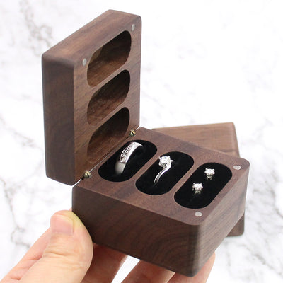 Square Shape Triple Wood Ring Box | Walnut Wood